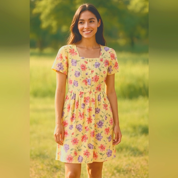 Floral Vintage Yellow Dress - Picture 1 of 6